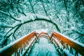 Japanese red bridge with snow in the pond during winter Royalty Free Stock Photo