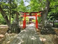 Japanese Red Torii Gate and Shrine Stone Statues and Nature