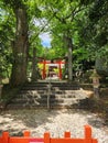 Japanese Red Torii Gate and Shrine Stone Statues and Nature