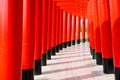 Japanese red wooden poles with blue sky.Walkway with red wooden poles Japanese style