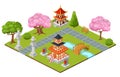 Japanese relaxing national area park, east asian temple walking green garden 3d isometric vector illustration, isolated