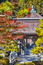 Japanese Religious Heritage. Seasonal Red Maples in Front of The Monastery Gates on Sacred Mount Koyasan in Japan