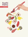 Japanese Restaurant Menu Cover Template With Dining Table And Hands Holding Sushi, Sashimi And Rolls With Chopsticks On