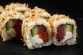 Japanese restaurant menu photo, seafood, national cuisine. Tuna and cheese sushi rolls set served on black plate, food Royalty Free Stock Photo