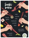 Japanese restaurant menu template with hands holding appetizing sushi, sashimi and rolls with chopsticks on black