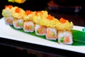The Japanese restaurant, the rolls are shrimp tempura, salmon sa Royalty Free Stock Photo