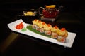 The Japanese restaurant, the rolls are shrimp tempura, salmon sa Royalty Free Stock Photo