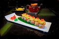 The Japanese restaurant, the rolls are shrimp tempura, salmon sa Royalty Free Stock Photo