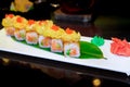 The Japanese restaurant, the rolls are shrimp tempura, salmon sa Royalty Free Stock Photo