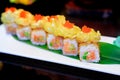 The Japanese restaurant, the rolls are shrimp tempura, salmon sa Royalty Free Stock Photo