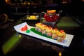 The Japanese restaurant, the rolls are shrimp tempura, salmon sa Royalty Free Stock Photo