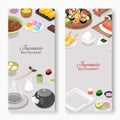 Japanese restaurant traditional cuisine with sushi rolls, sashimi, noodle and miso soup banner cartoon vector Royalty Free Stock Photo