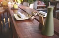 Japanese restaurant in traditional style, Empty plate on mat near chopstick bowl, Selective Focus Royalty Free Stock Photo