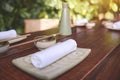 Japanese restaurant in traditional style, Empty plate on mat near chopstick bowl, Selective Focus