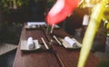 Japanese restaurant in traditional style, Empty plate on mat near chopstick bowl, Selective Focus Royalty Free Stock Photo