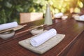 Japanese restaurant in traditional style, Empty plate on mat near chopstick bowl, Selective Focus Royalty Free Stock Photo