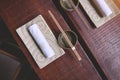 Japanese restaurant in traditional style, Empty plate on mat near chopstick bowl, Selective Focus