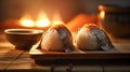 Japanese rice balls or onigiri on a wooden tray with a burning candle in the background. Generative AI