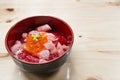 Japanese Rice with Maguro, Otoro and ikura& x28;Salmon eggs& x29; on wood Royalty Free Stock Photo