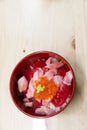 Japanese Rice with Maguro, Otoro and ikura& x28;Salmon eggs& x29; on wood Royalty Free Stock Photo