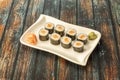 Japanese rice sushi maki roll with Norwegian salmon and nori seaweed Royalty Free Stock Photo