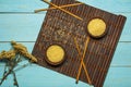 Japanese rice in a wooden bowl. Wooden chopsticks On the table of a bamboo mat. Asian cuisine. View from above. Royalty Free Stock Photo