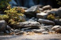 Japanese rock garden with carefully placed stones, plants and sand. Generative AI