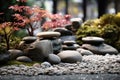 Japanese rock garden with carefully placed stones, plants and sand. Generative AI