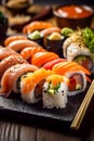 japanese roll fish japan seafood meal rice sushi food set. Generative AI.