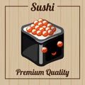 Japanese roll with rice, nori leaf and red caviar. Banner. Vector illustration.