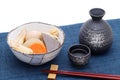 Japanese sake cup and bottle with oden Royalty Free Stock Photo