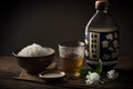 Japanese sake and rice on a wooden table. Selective focus.
