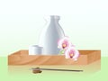Japanese sake set with two cups and bottle Royalty Free Stock Photo