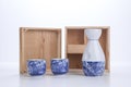 Japanese sake set with two cups and bottle Royalty Free Stock Photo