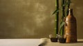 Japanese sake still life with a sprig of bamboo, light linen background, Asian ceremony Royalty Free Stock Photo