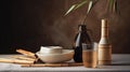 Japanese sake still life with a sprig of bamboo, light linen background, Asian ceremony Royalty Free Stock Photo