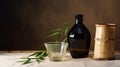 Japanese sake still life with a sprig of bamboo, light linen background, Asian ceremony Royalty Free Stock Photo