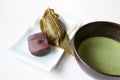 Japanese sakura moshi cake dessert with hot green tea