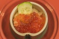 Japanese salmon caviar known as ikura which derives from Russian word which means caviar or fish roe
