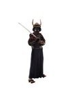 Japanese samurai in black uniform with katana sword, on white background, isolated