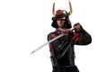 Japanese samurai in black uniform with katana sword, on white background Royalty Free Stock Photo