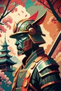 Japanese Samurai in Detailed Armor with Cherry Blossoms and Pagoda Royalty Free Stock Photo