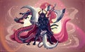 Japanese samurai and dragon or snake battle over moon illustration, fantasy art with warrior with sword and fire breathing Chinese