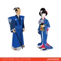 Japanese Samurai Geisha couple flat 3d isometric costume Royalty Free Stock Photo