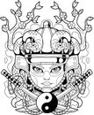 Japanese samurai girl, contour illustration, design