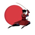 Japanese samurai jumping. Color vector flat cartoon illustration
