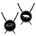 Samurai katana sword and shield with running wolf silhouette black and white vector design set Royalty Free Stock Photo