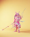 Japanese Samurai Pink Blue Warrior Polygon Triangles Armour Front View