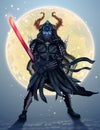 Japanese samurai silhouette over moon, fantasy warrior with flaming sword in dark armor. Asian fighter, dangerous ninja battle