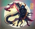 Japanese samurai vs dragon or snake battle over moon vector illustration, fantasy art warrior with sword and fire breathing dragon Royalty Free Stock Photo